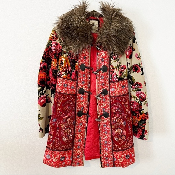 Anthropologie Karelia Coat Elevenses Jacket Red Floral Zip Fur Collar Size 6 - Picture 11 of 15